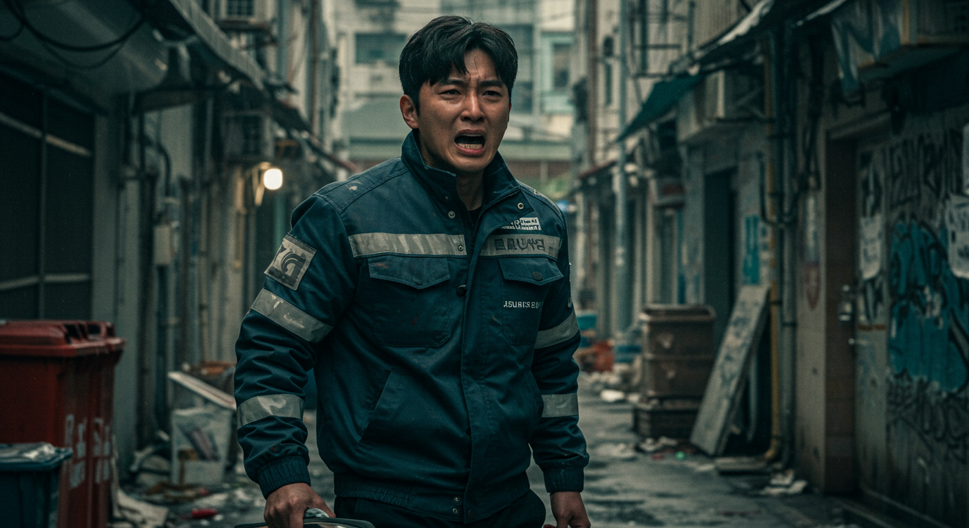 배달복을 입고 힘든 상황에 처한 한국 배우의 드라마틱한 모습