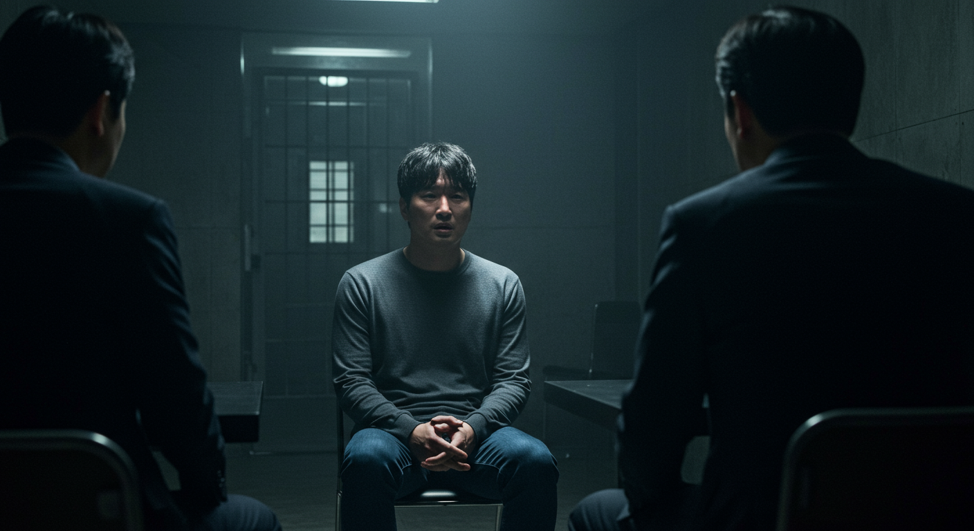 어두운 취조실에서 억울하게 누명을 쓴 남자의 긴장감 넘치는 장면