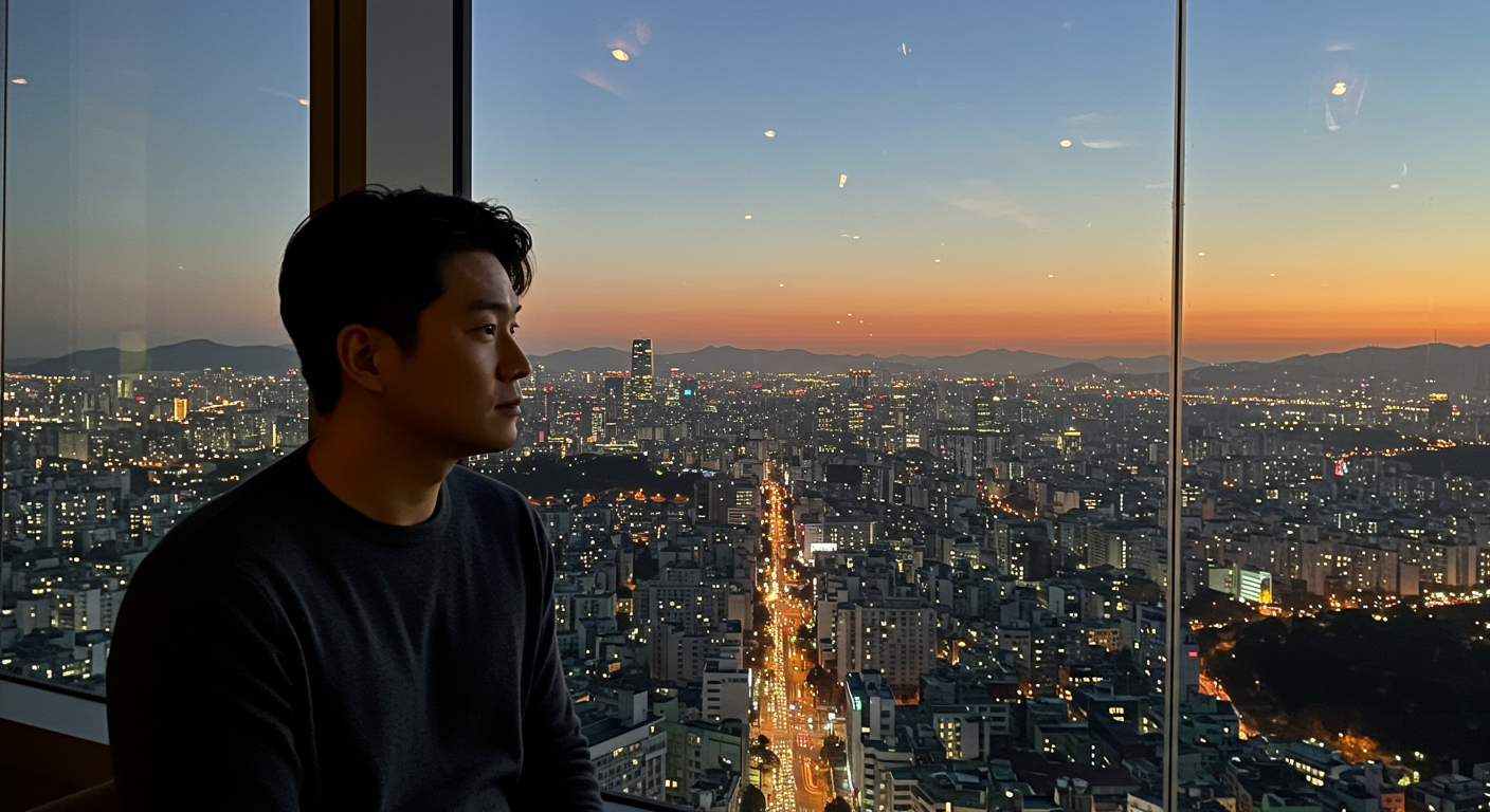 고층 빌딩 창밖으로 서울 풍경을 보며 인생의 불완전함을 성찰하는 남자