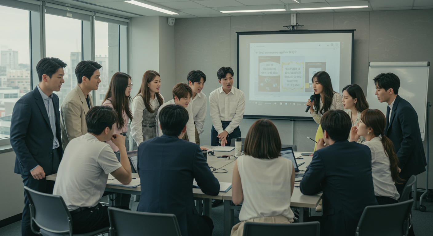 연예인들이 세미나에서 토론하는 장면