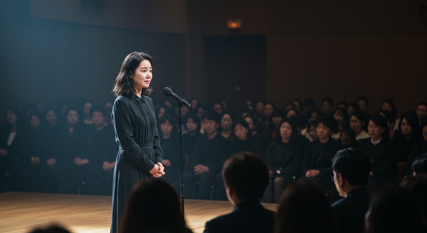 무대 위에서 진솔한 감정을 전달하는 여성