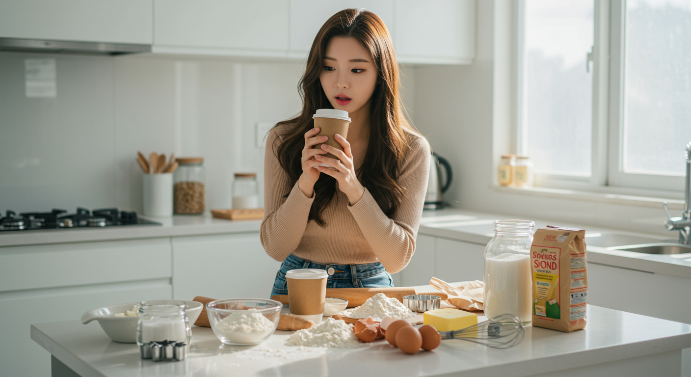 현대식 주방에서 종이컵을 들고 고민하는 젊은 여성
