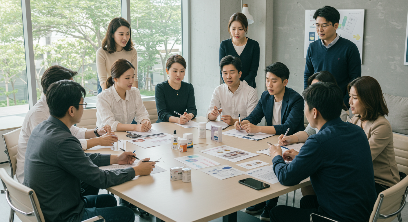 약물과 생활습관 변화를 포함한 포괄적인 탈모 치료 전략을 논의하는 다양한 한국인의 모습