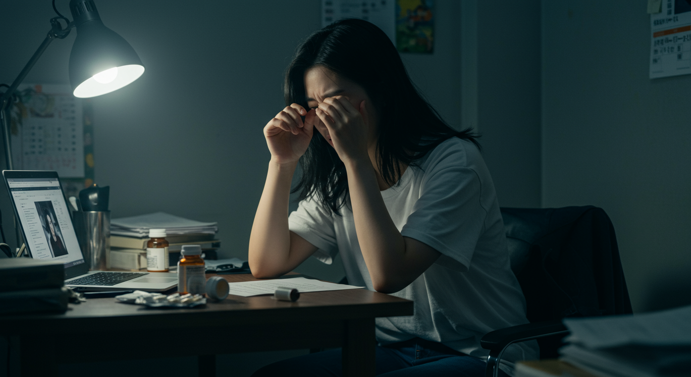 책상에 앉아 눈을 비비고 있는 여성과 옆에 놓인 약병들