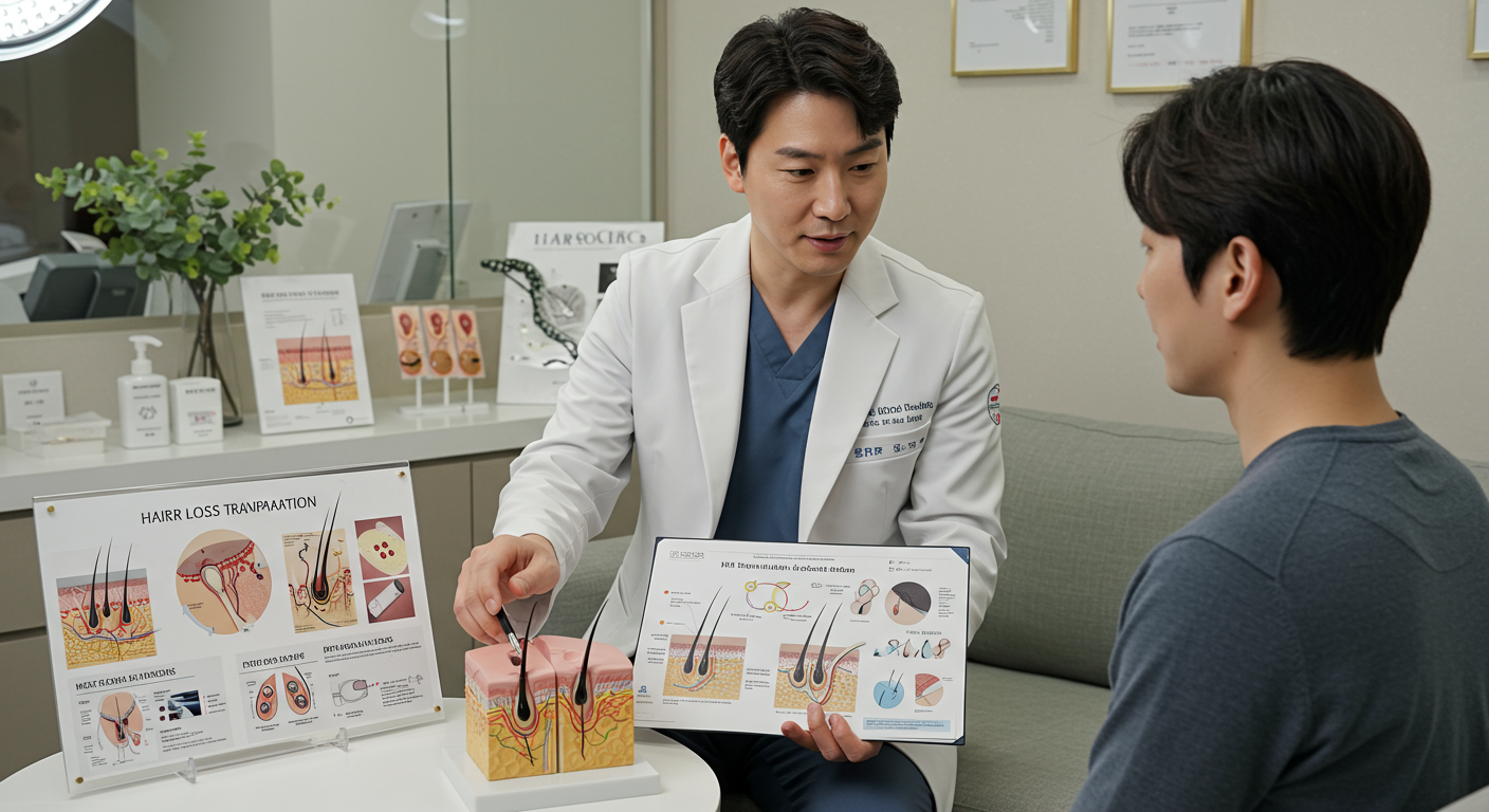 탈모 대체 치료에 대해 환자에게 설명하는 의사와 상담 장면