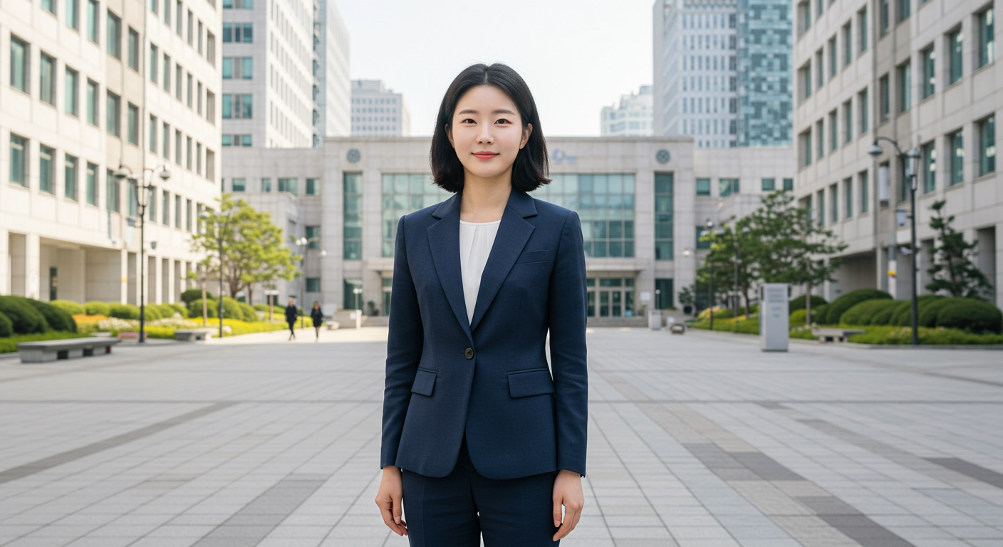 젊은 여성 정치인이 정부 건물 앞에 서 있는 모습