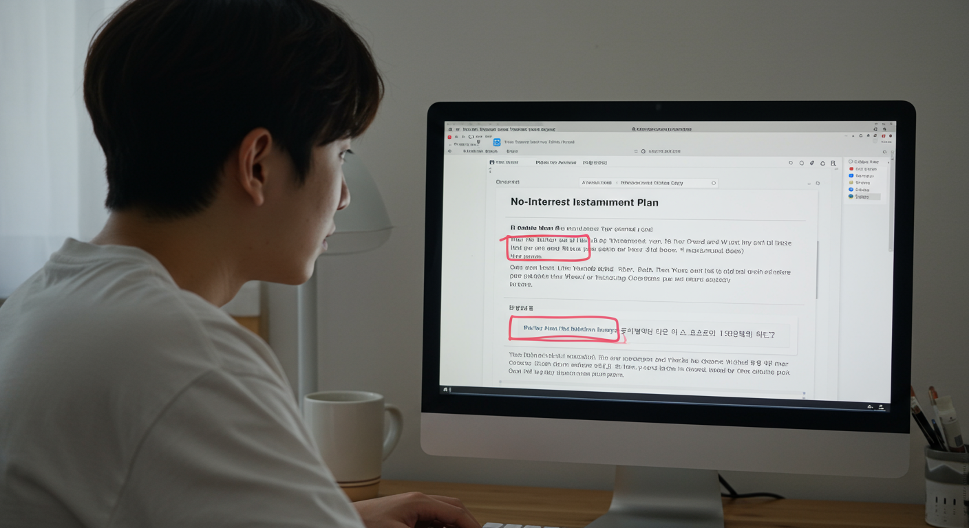 컴퓨터 화면에서 무이자할부 제한 사항을 읽고 있는 소비자의 모습