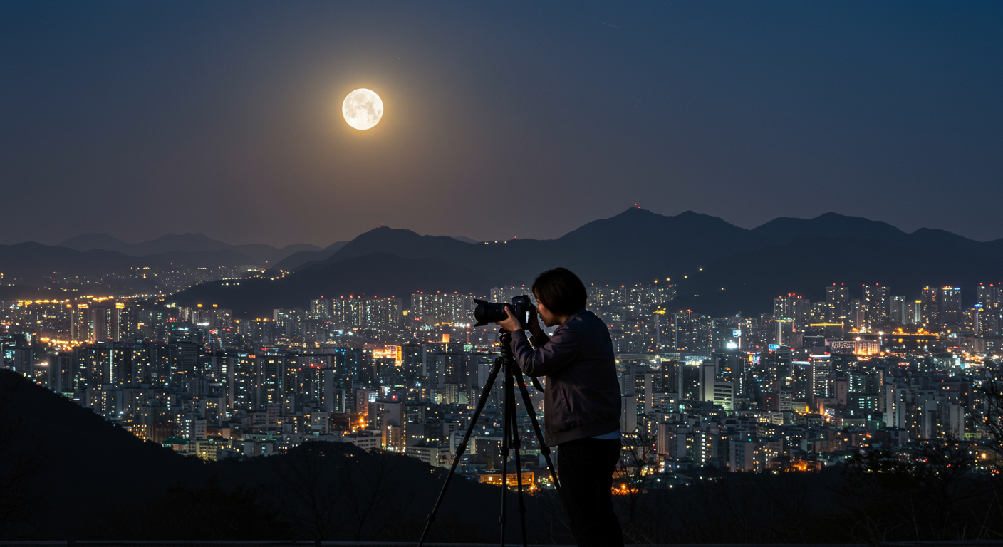 수평선 근처에서 도시 건물과 산을 배경으로 슈퍼문을 촬영하는 한국인 사진작가