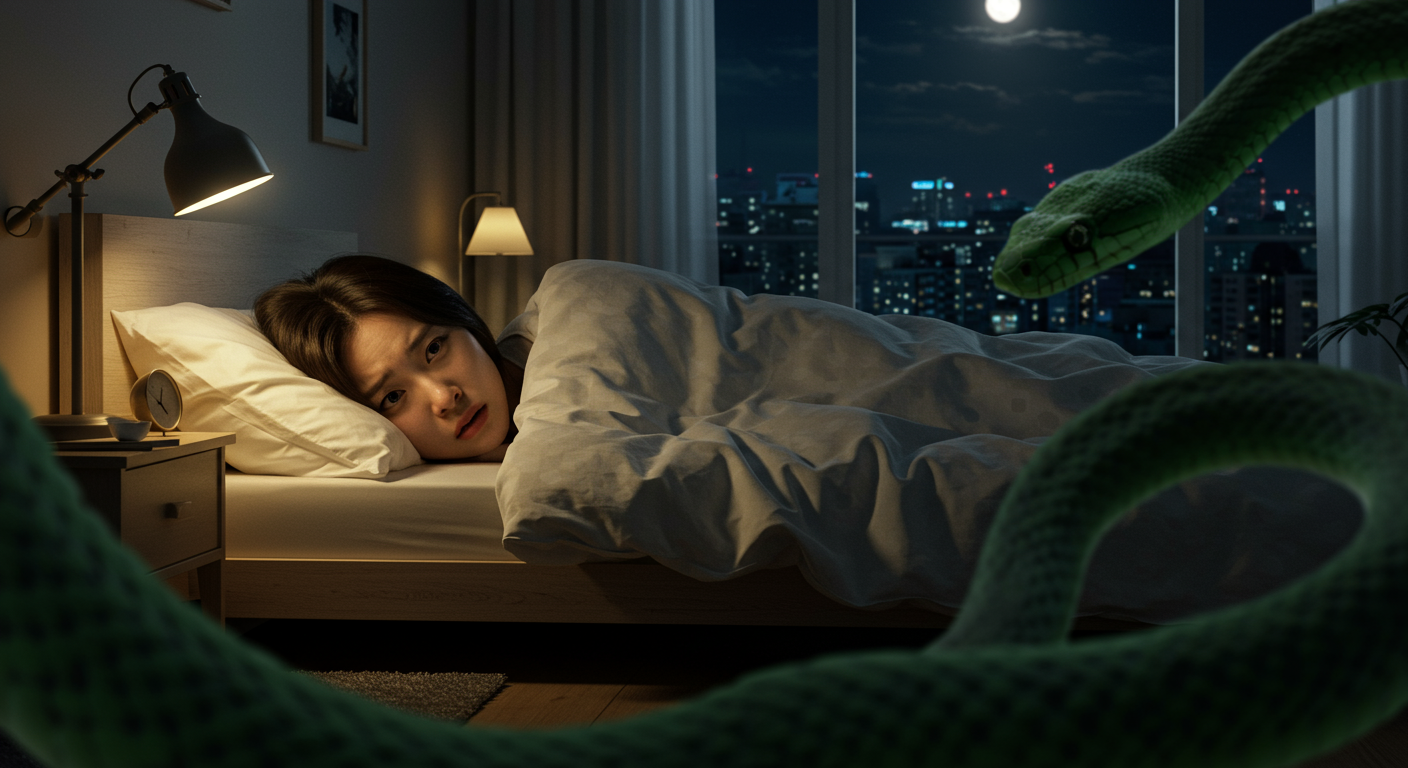 현대 한국 여성이 잠든 상태에서 뱀이 꿈에 나타나 놀라는 모습