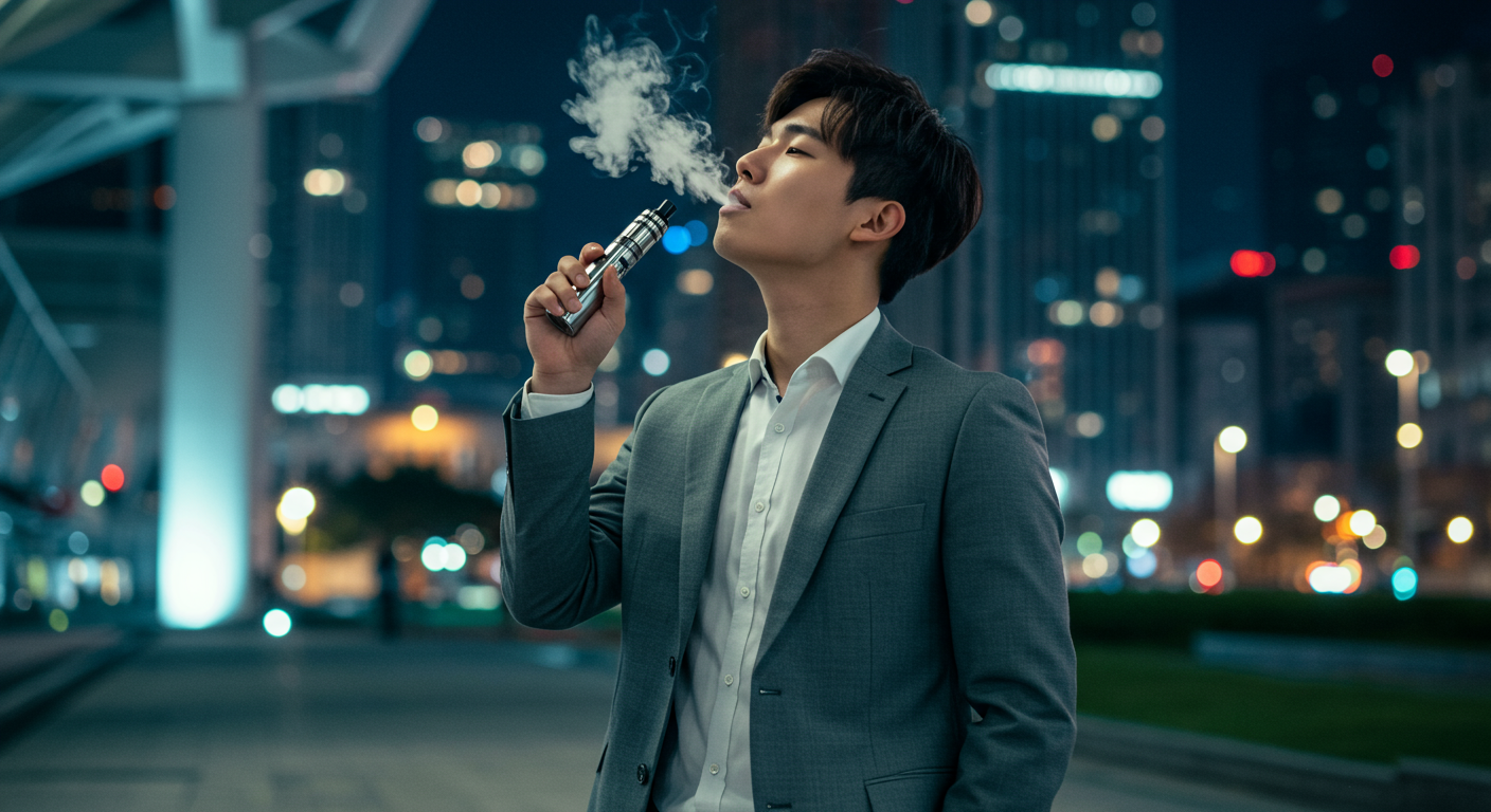 도심 속에서 무니코틴 전자담배를 즐기는 젊은 직장인의 여유로운 모습