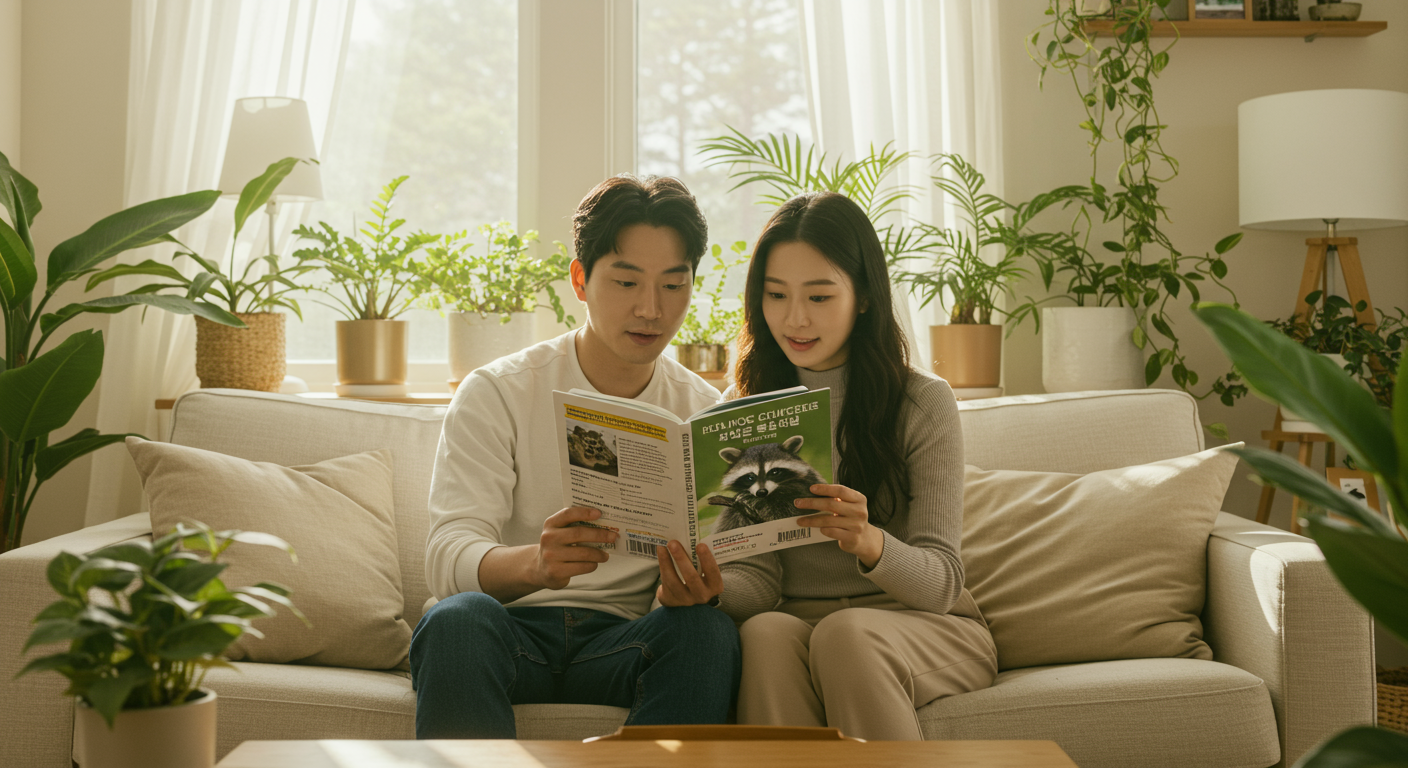 아늑한 거실에서 식물과 햇살에 둘러싸인 상태로 라쿤 사육 가이드를 읽는 현대적 커플
