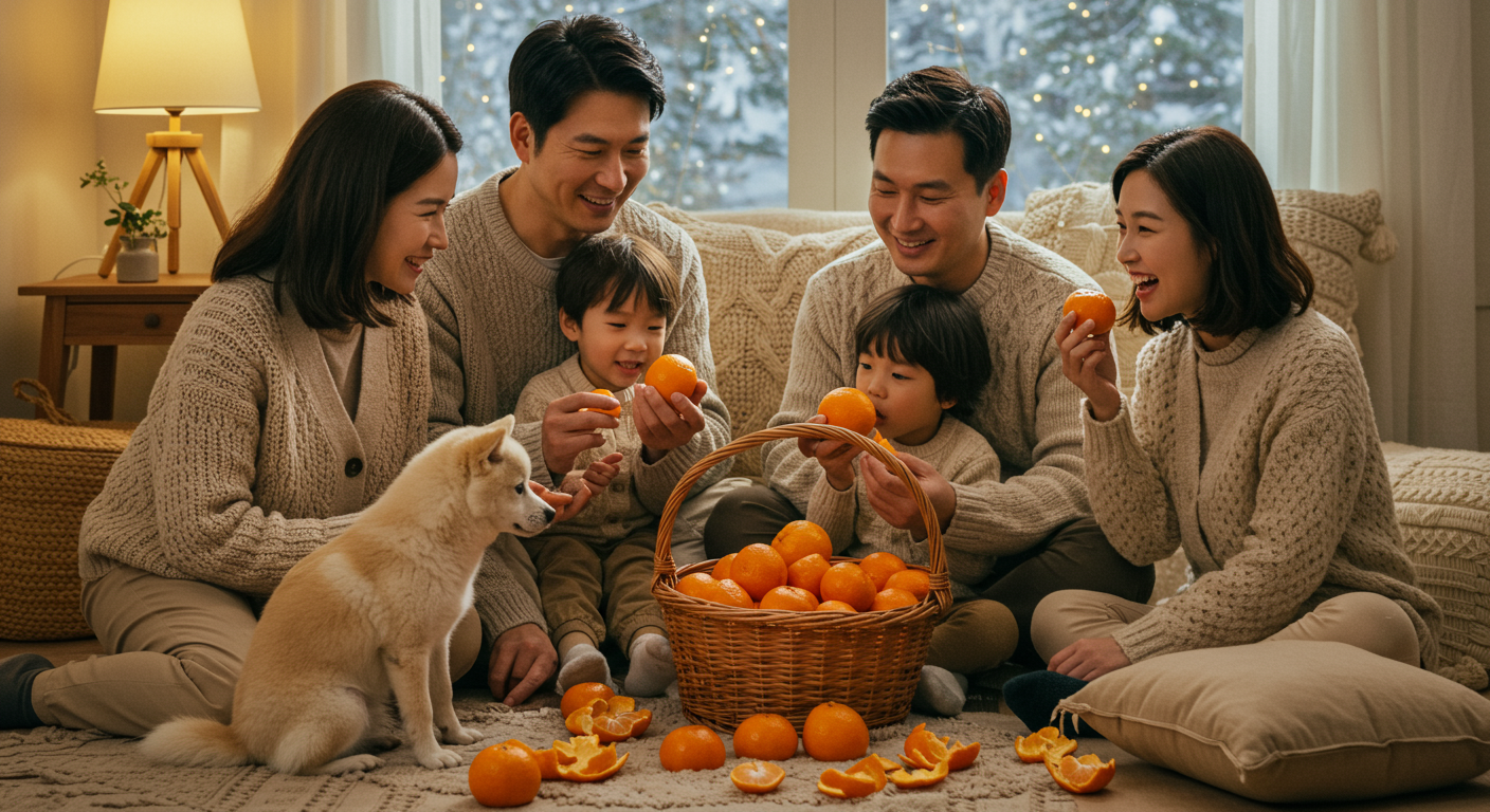 겨울에 실내에서 가족과 함께 귤을 먹으며 강아지가 지켜보는 장면