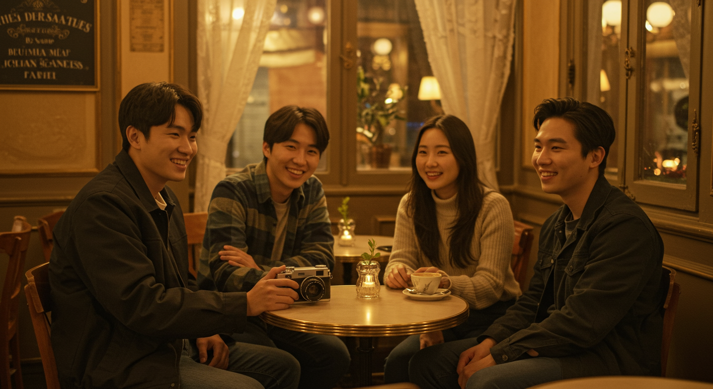 파리 카페에서 따뜻한 미소와 대화로 친구를 소개하는 한국 남매