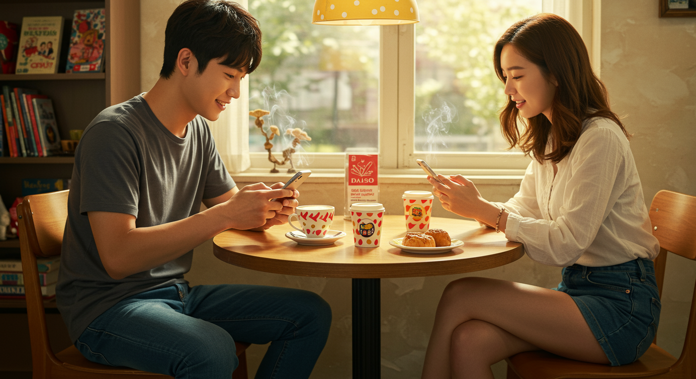 카페에서 커피를 마시며 다이소 앱으로 실시간 상품 정보를 확인하는 모습