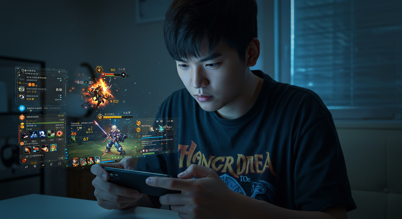 스마트폰 게임에 집중하며 RPG 게임에서 전략을 짜는 젊은 게이머
