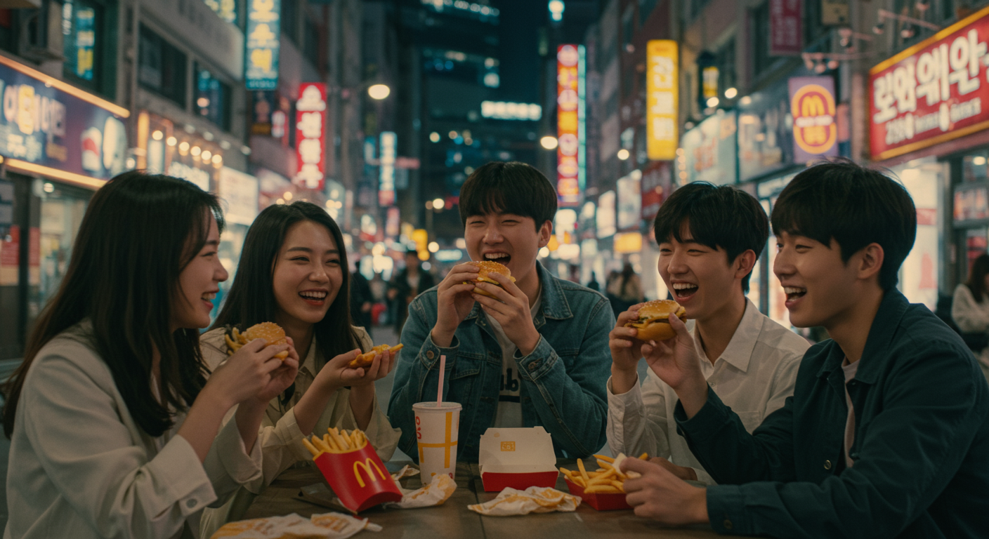 도시 배경 속에서 맥도날드 버거를 즐기는 젊은이들