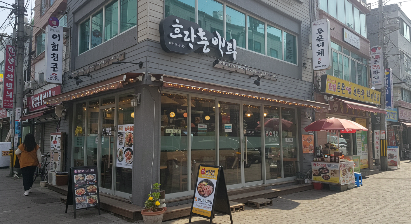 춘천에 위치한 현대적 디자인의 권바우 부대찌개 식당 외관과 거리 분위기