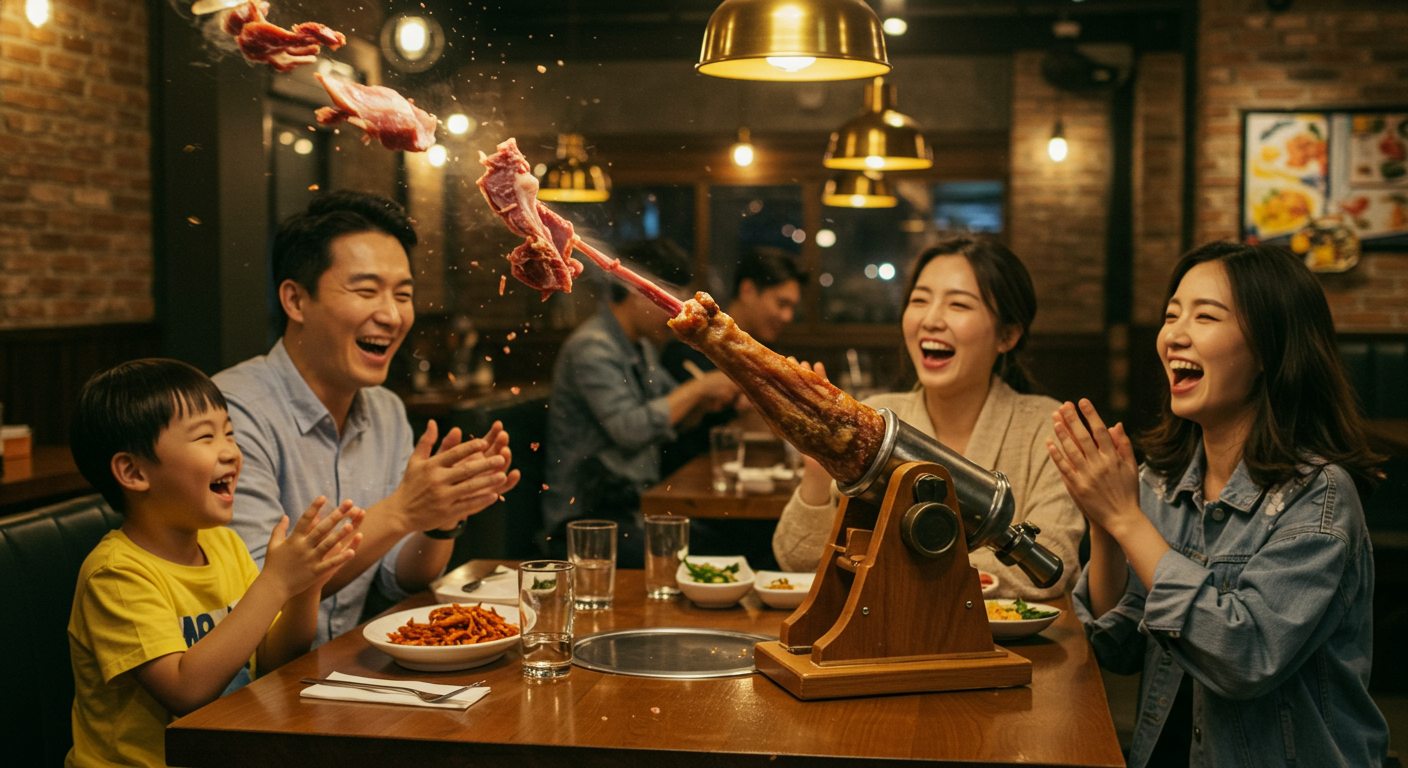 레스토랑 테이블에서 발칸포 퍼포먼스를 즐기는 가족과 아이들이 박수치는 모습