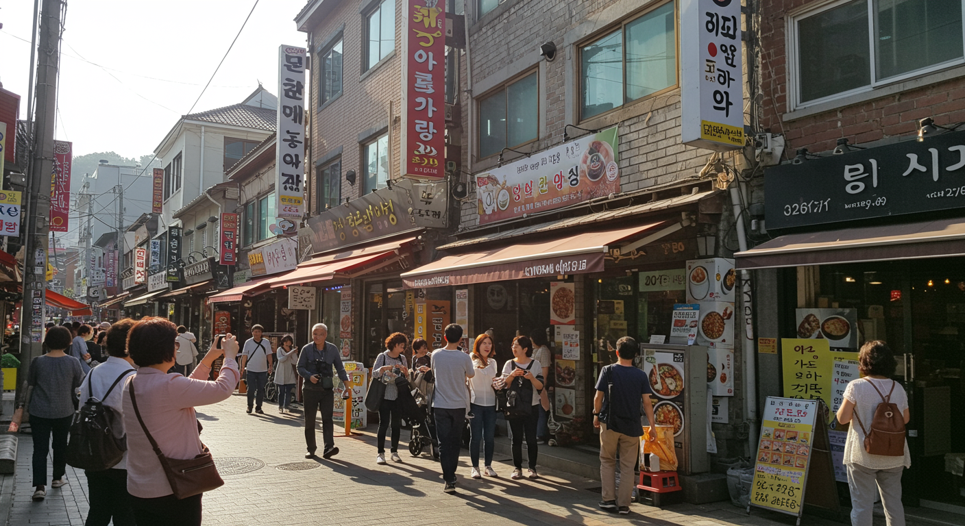 관광객들이 사진을 찍고 있는 활기찬 춘천 거리와 권바우 부대찌개 식당 앞 풍경