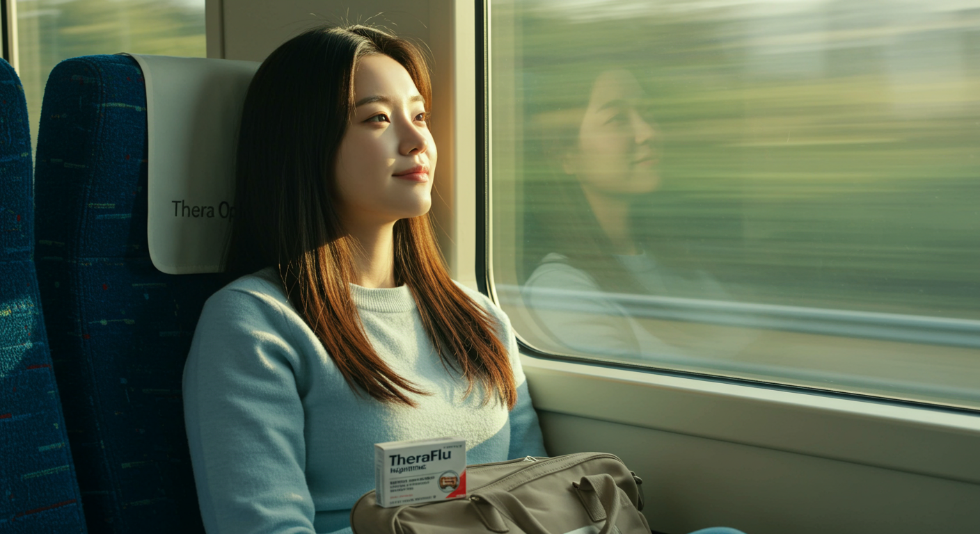 차량 창밖을 보며 테라플루 나이트로 인해 편안한 표정을 짓는 여행자의 모습