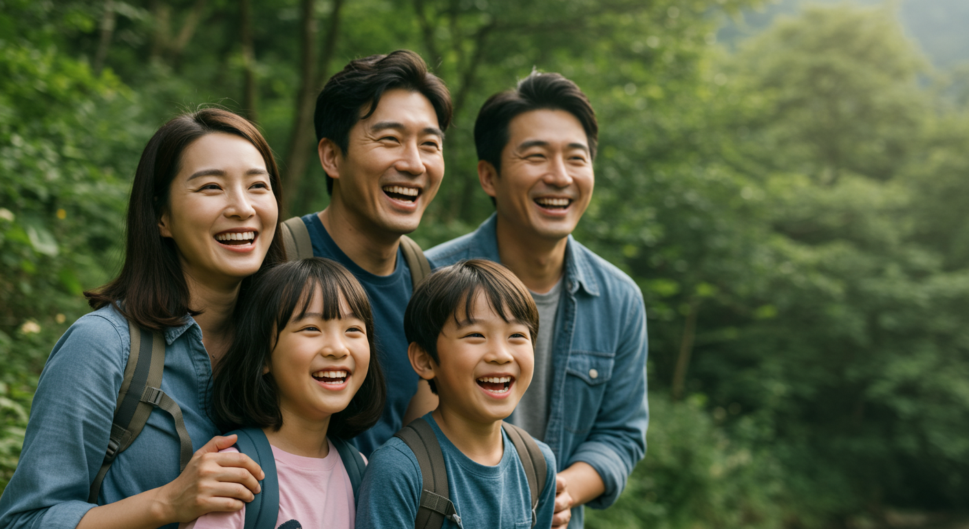 갑작스러운 몸 상태 악화를 테라플루 나이트로 극복한 후 웃고 있는 가족들의 자연 속 휴가 장면