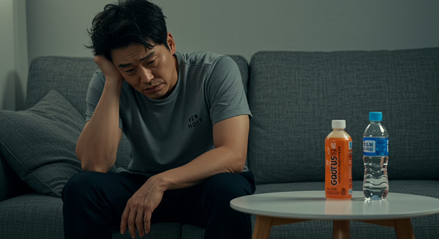 피곤한 표정으로 물병과 전해질 음료를 옆에 두고 소파에 앉아 있는 남성