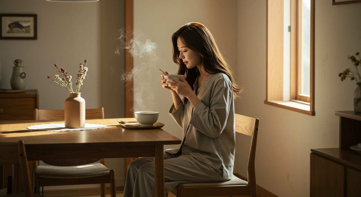 식탁에서 따뜻한 국물을 작은 컵에 마시는 여성