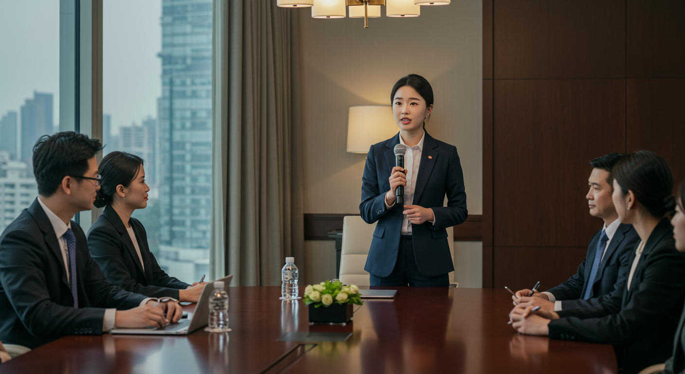 고급 회의실에서 국제 고객에게 프레젠테이션을 하는 사업가