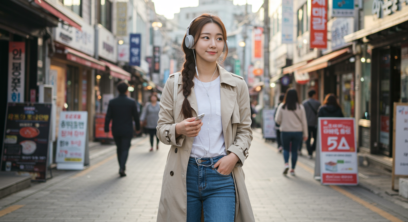 서울의 번화한 거리에서 헤드폰을 끼고 자신만의 세계에 몰입한 젊은 여성