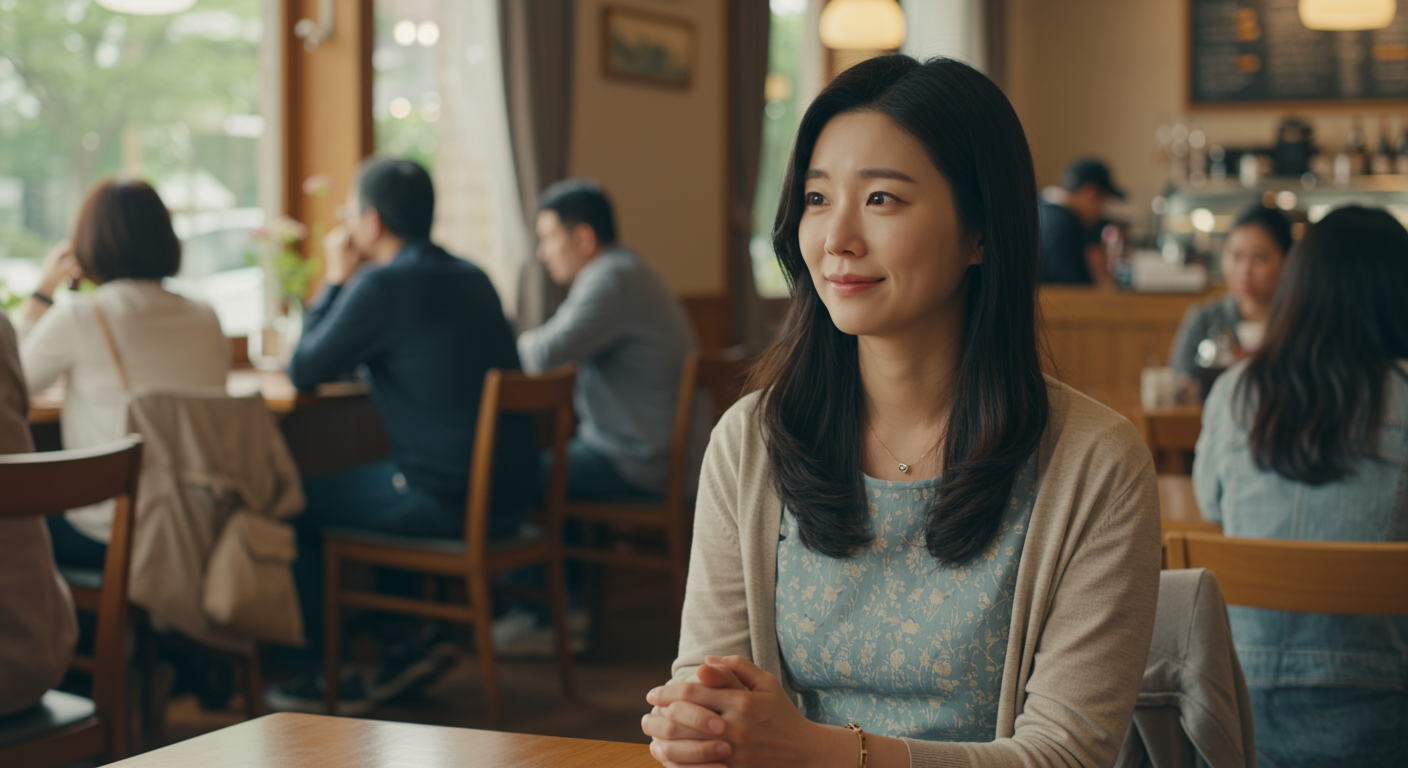 카페 테이블에 조용히 앉아 주변 사람들을 공감 어린 시선으로 바라보는 여성