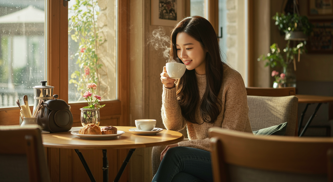 아늑한 카페에서 커피를 즐기며 주변 분위기와 세부 요소를 만끽하는 여성