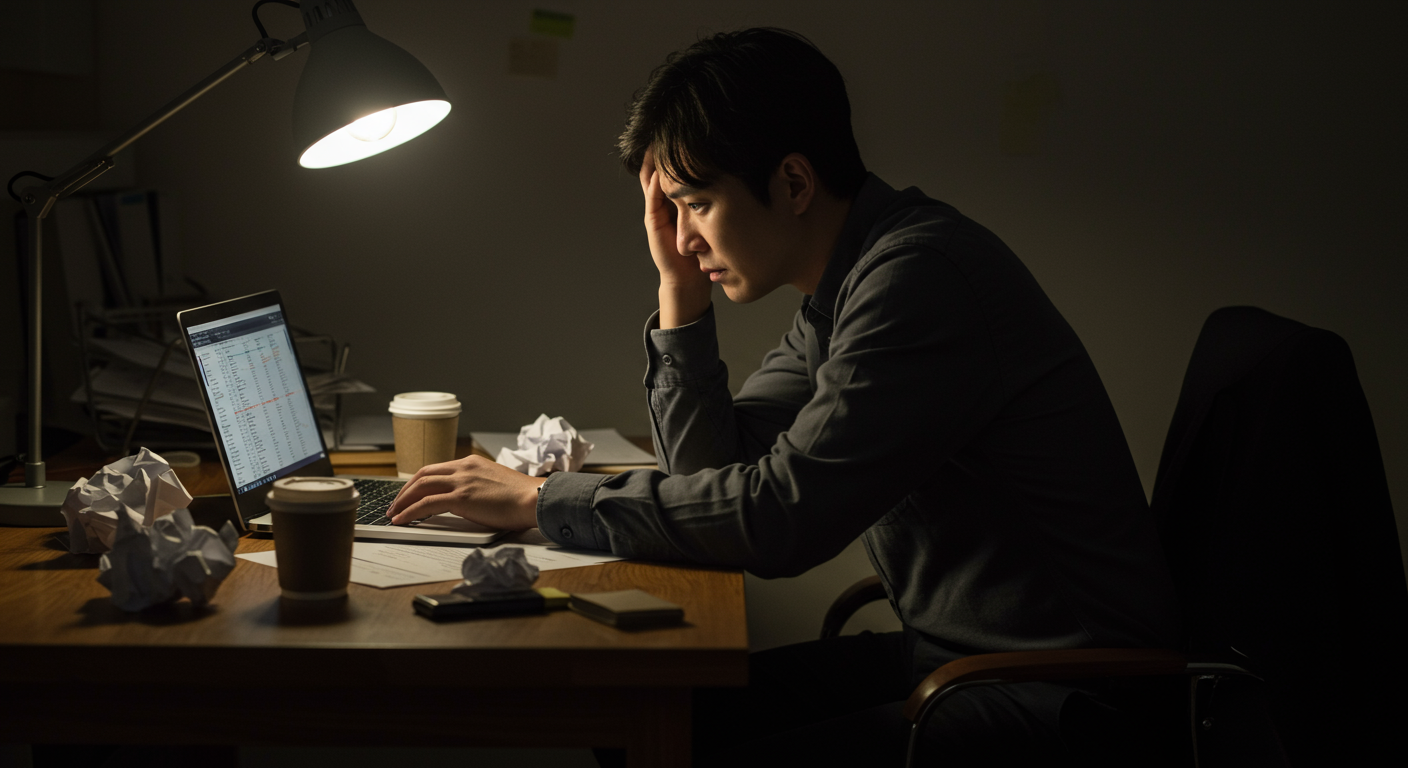 책상에 홀로 앉아 스트레스받고 있는 한국 남자의 모습