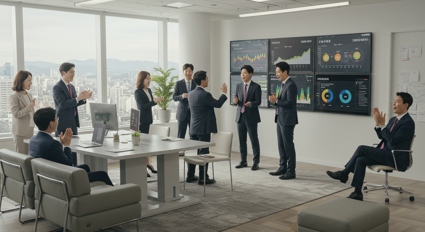 사무실에서 큰 화면에 표시된 재무 차트를 보며 기뻐하는 한국인 임원들