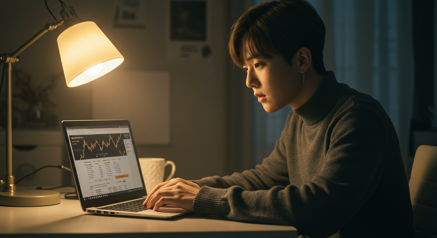 집에서 노트북으로 금 가격 웹사이트를 탐색하는 젊은 성인의 모습