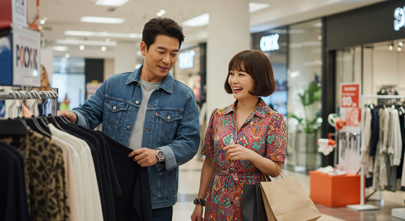젊은 스타일로 쇼핑하는 중년 남녀의 모습, 현대적인 분위기의 쇼핑몰