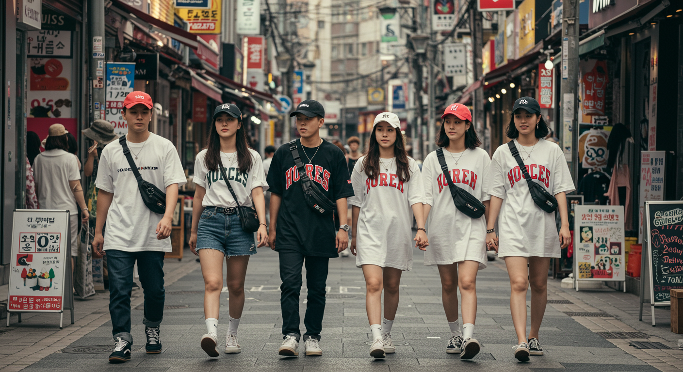 볼드 캡과 크로스백을 착용한 한국 패셔니스타들이 트렌디한 거리 걷는 모습