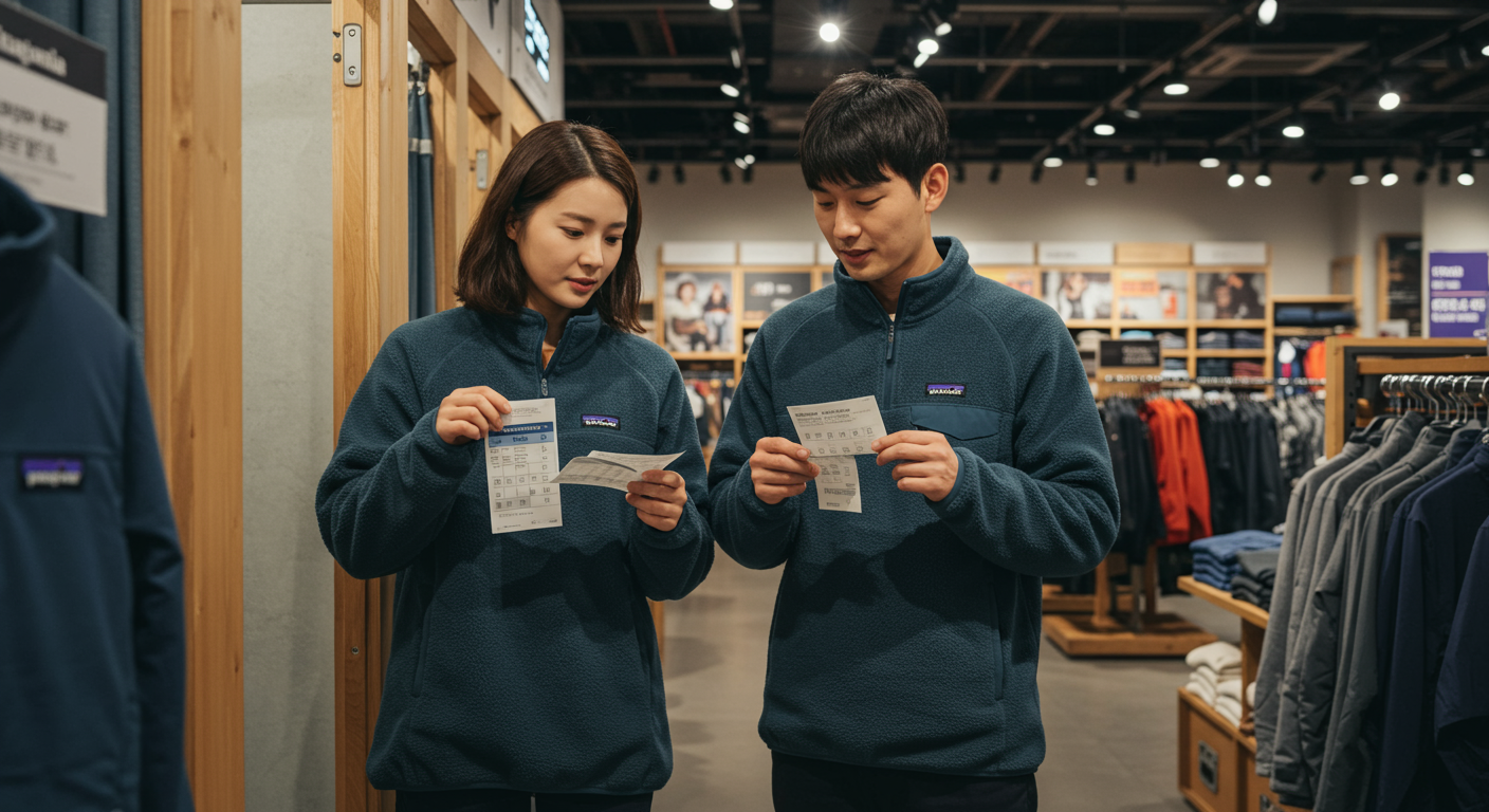 매장에서 파타고니아 신칠라 사이즈표를 비교하는 한국 커플 모습