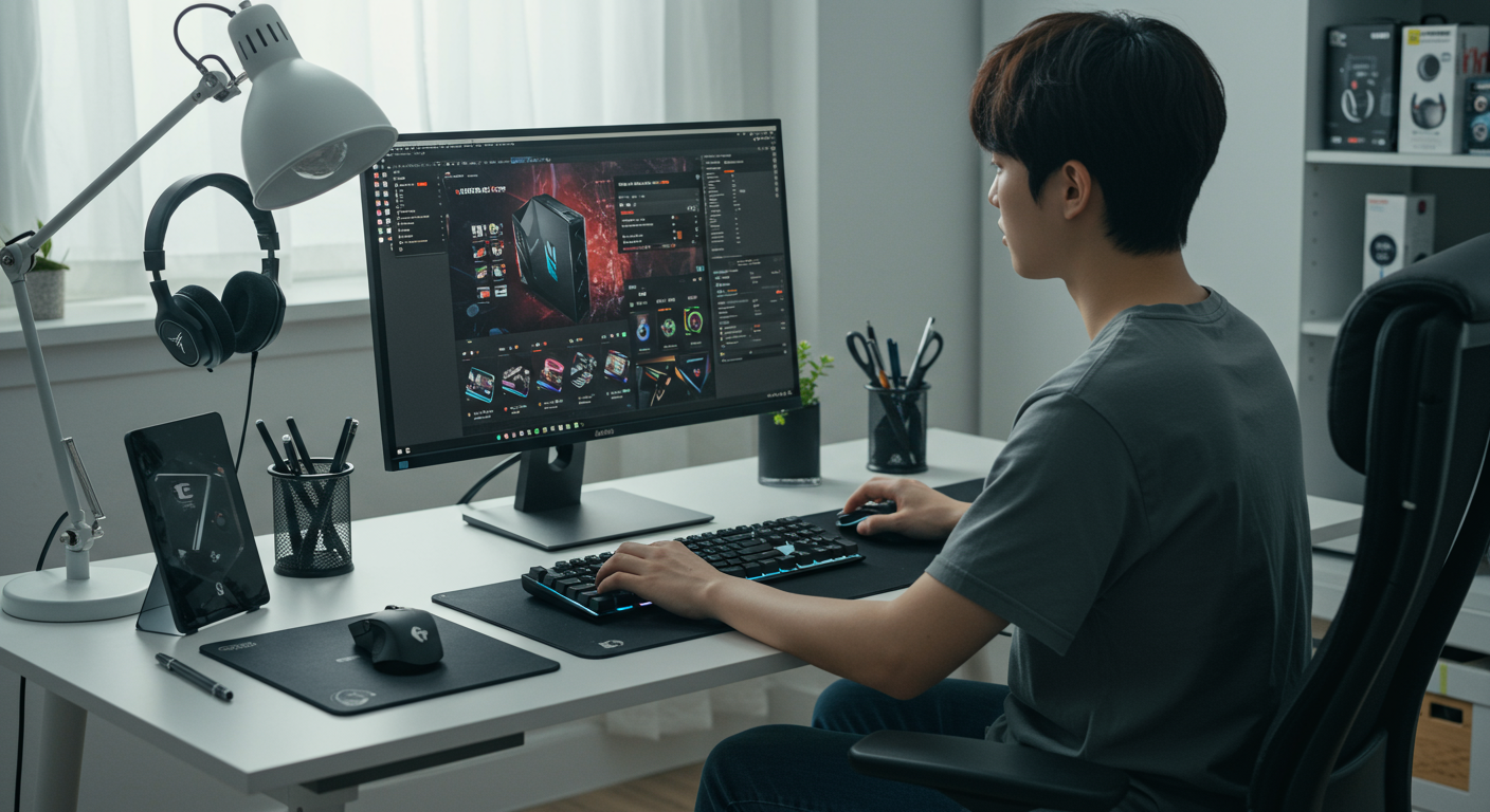 한 젊은 남성이 책상에 앉아 최신 기술의 온라인 PC 스토어를 현대적인 컴퓨터로 탐색하는 모습