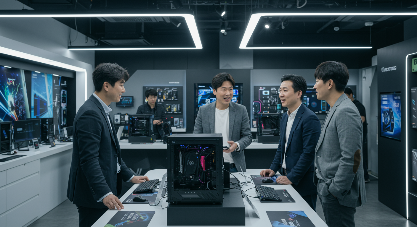 한국 IT 전문가들이 세련된 기술 전시장에서 최신 부품을 활용한 맞춤형 PC 구성을 논의하는 모습