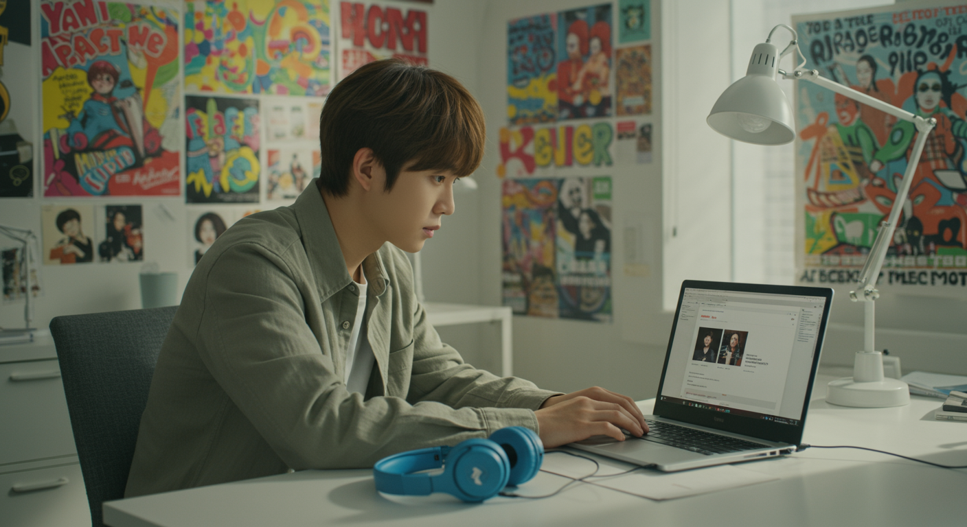 현대적인 사무실에서 노트북으로 유튜브 음악을 검색하는 직장인의 모습