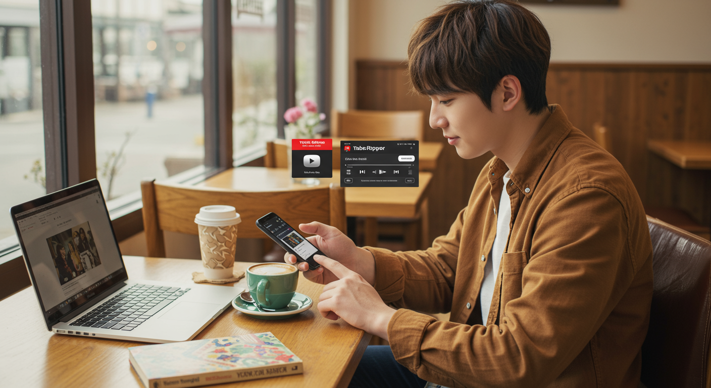 카페에서 스마트폰으로 YTMP3와 TubeRipper를 이용해 유튜브 영상을 MP3로 변환하는 학생