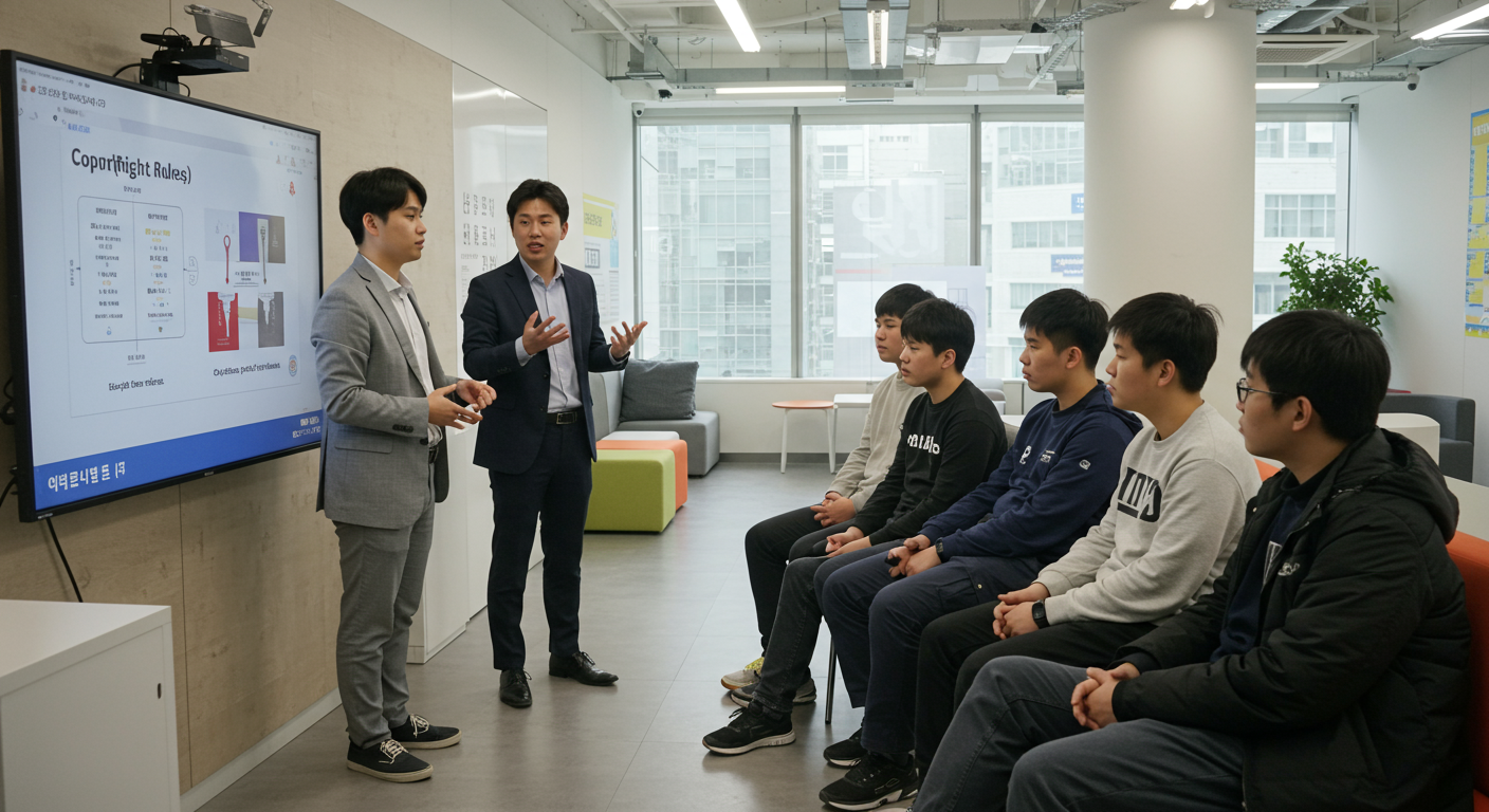 도시 사무실 환경에서 젊은 청중에게 저작권 규칙을 설명하는 법률 고문