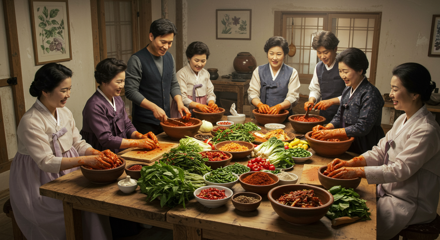 가족과 이웃들이 모여 김치를 담그는 전통적인 분위기