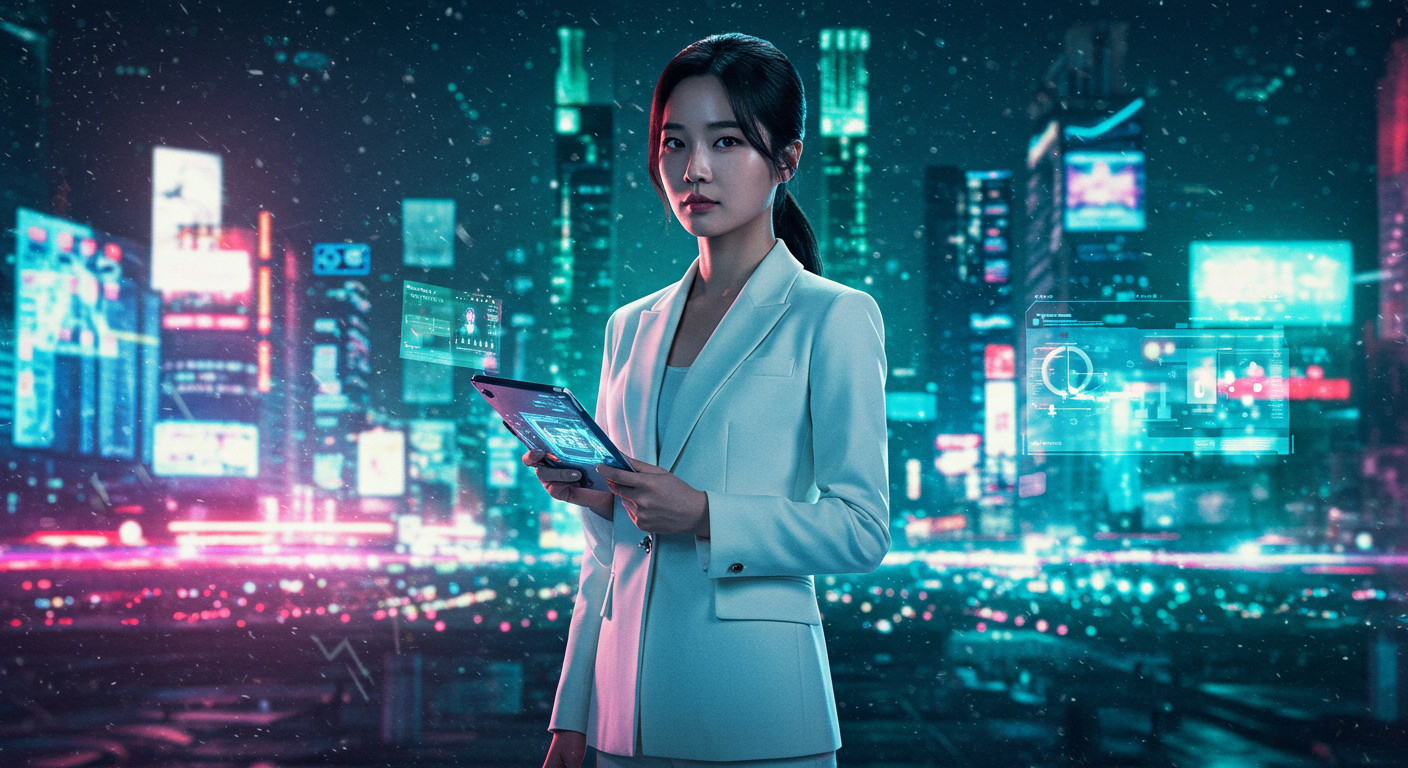 미래 도시를 배경으로 한 자신감 있는 여성 CEO 캐릭터가 돋보이는 영화 포스터