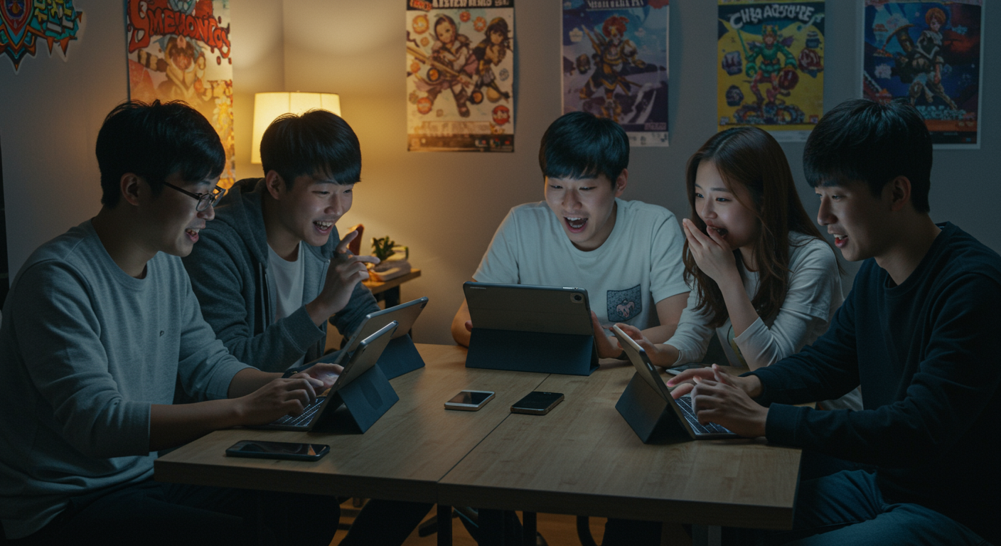 젊은 한국 게이머들이 테이블에 모여 온라인 게임의 캐릭터 우선순위를 논의하며 스마트폰과 태블릿을 활용하는 장면