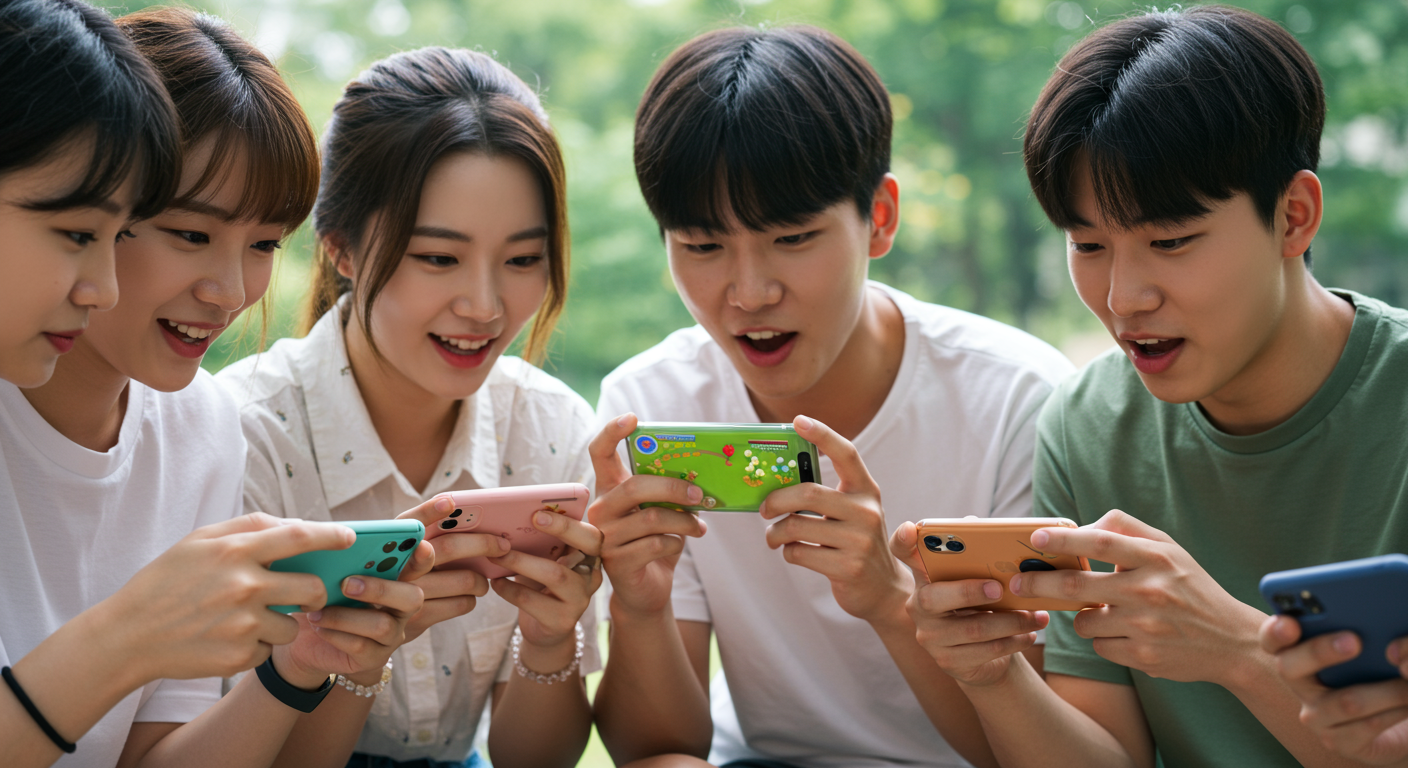 젊은 한국인들이 소셜 미디어를 통해 농장 게임의 가상 친구들을 확장하기 위해 스마트폰을 사용하는 모습
