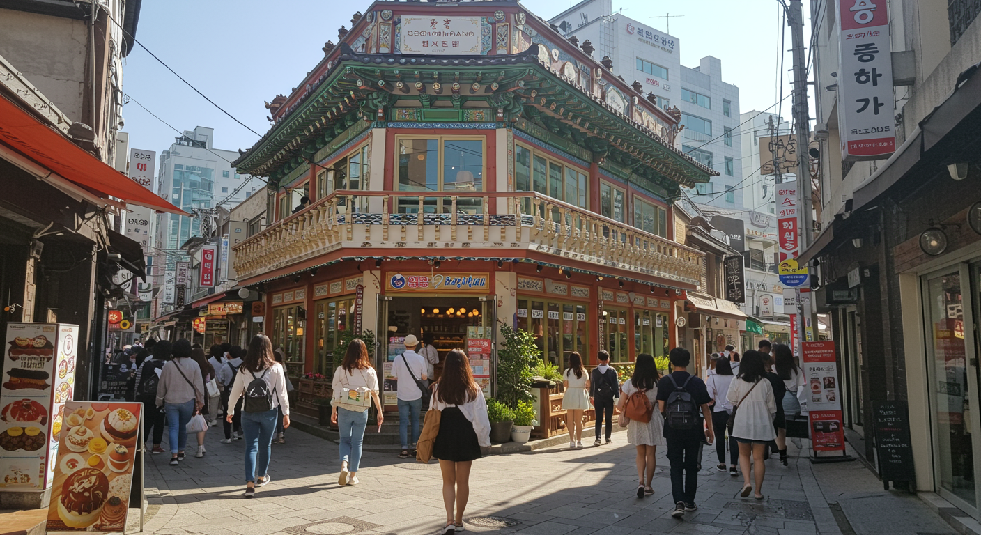 대전 성심당 빵집 앞에 모인 젊은 방문객들과 활기찬 거리 풍경