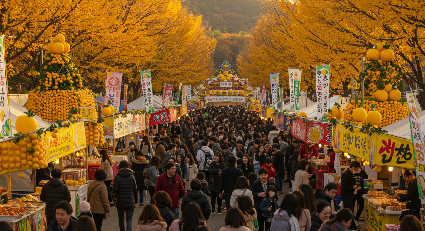 가을 단풍 아래에서 활기찬 인파가 모인 고흥유자축제 현장