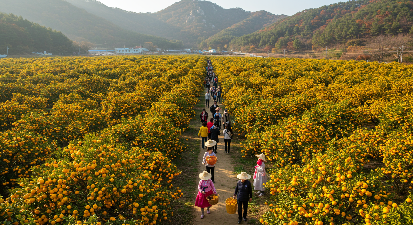 밝은 노란색 유자가 가득한 길을 따라 사람들이 걷고 있는 고흥의 유자밭 풍경