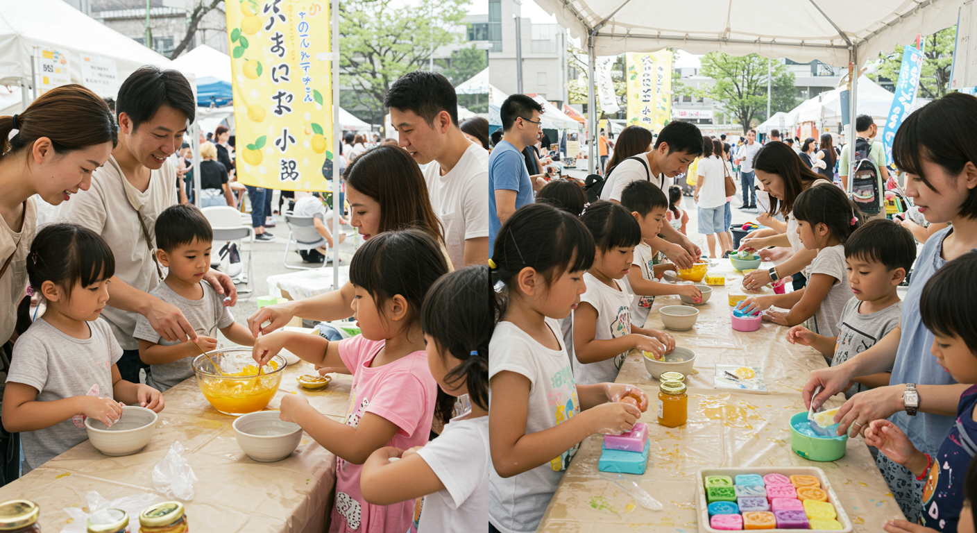 가족과 아이들이 축제 부스에서 유자 잼과 비누 만들기 같은 체험 활동에 참여하는 모습